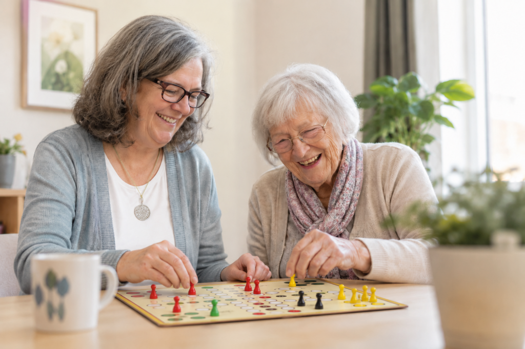 Pflegerin spielt Brettspielt mit Oma 2